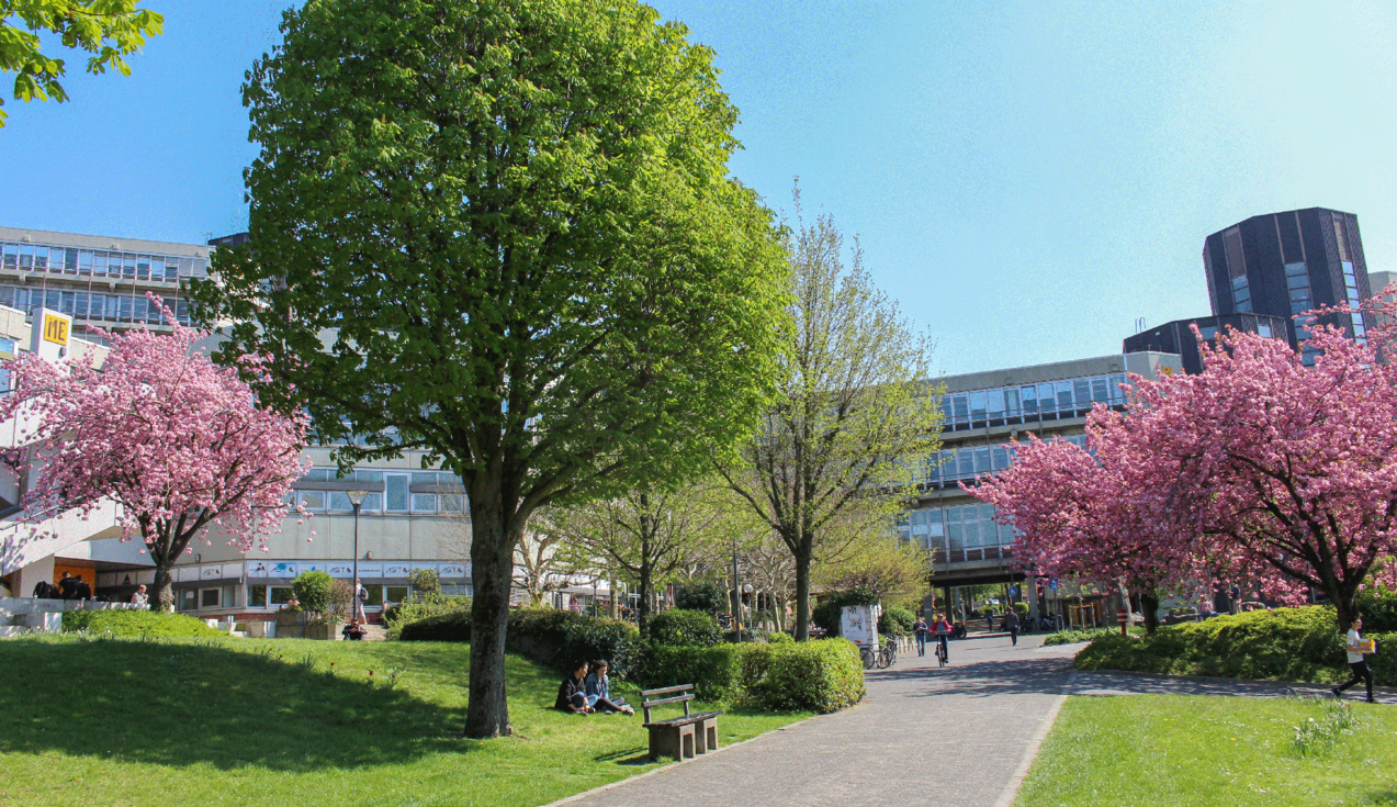 Campus im Frühling mit (von links) den Gebäuden ME (Mensa, Grill Café und Räumlichkeiten des AStA) und B - Foto: Simon Ratmann