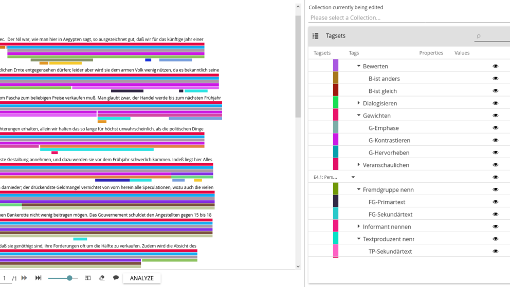 Der Ausschnitt zeigt die Annotation in Catma 6.1.3 auf allen Annotationsebenen.